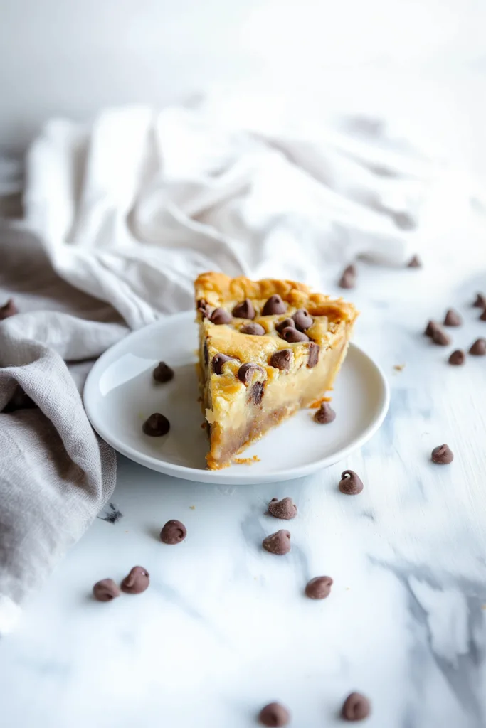 Slice of cookie pie on a plate with chips sprinkled around.