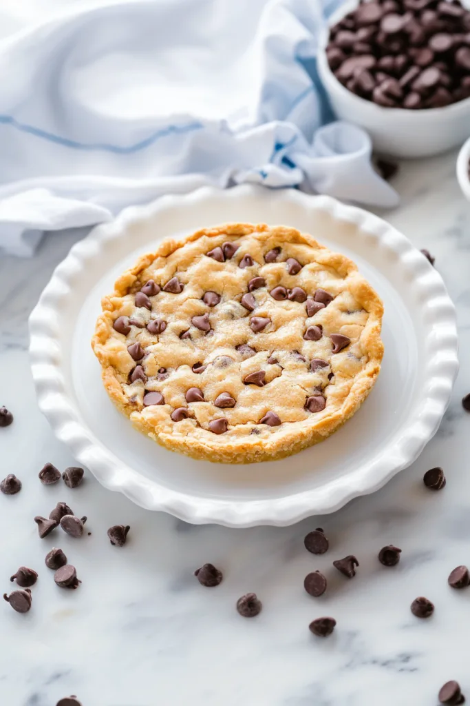 Round cookie cake on a plate surrounded by scattered chips and crumbs.