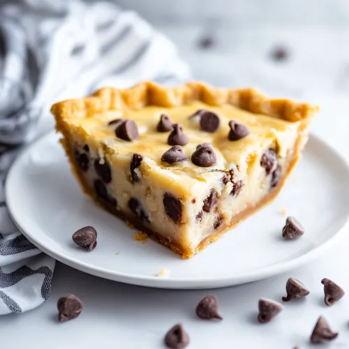 Golden cookie pie slice with creamy filling and scattered chocolate chips.