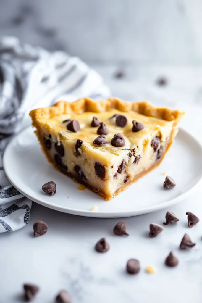 Golden cookie pie slice with creamy filling and scattered chocolate chips.