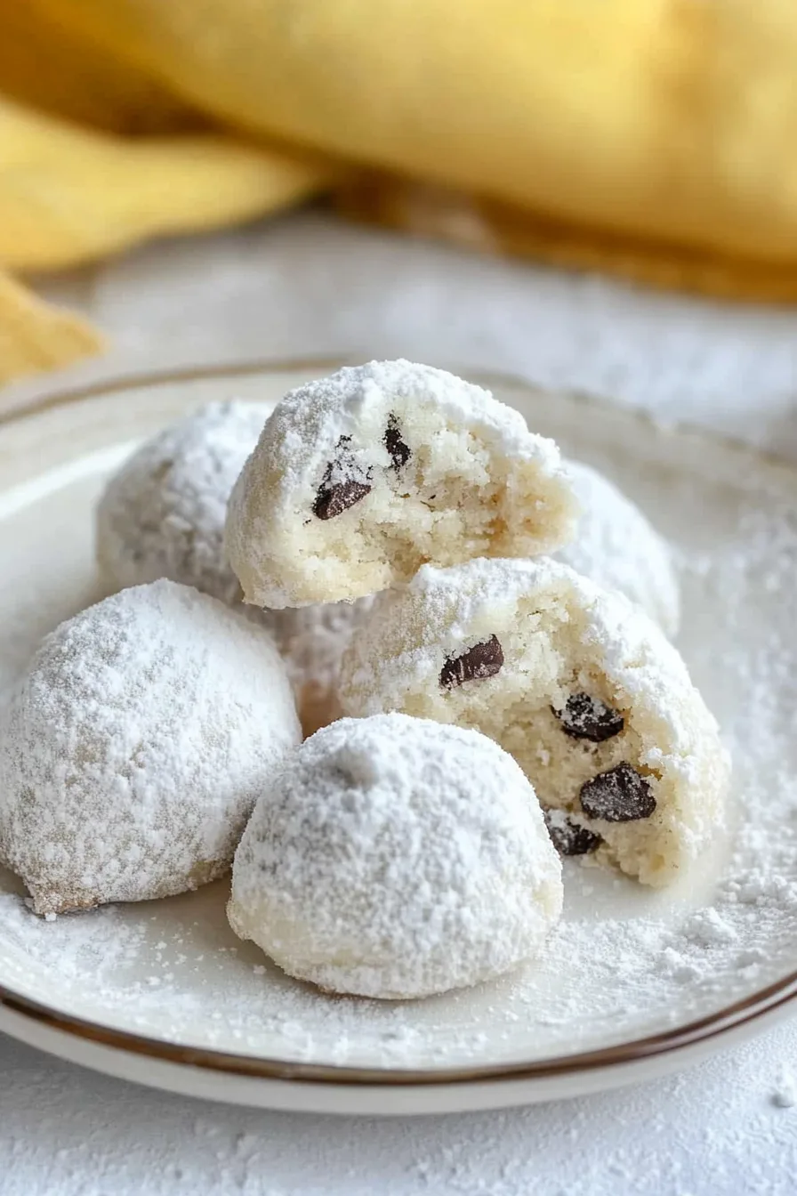 Chocolate Chip Snowball Cookies served with a light sugar dusting.