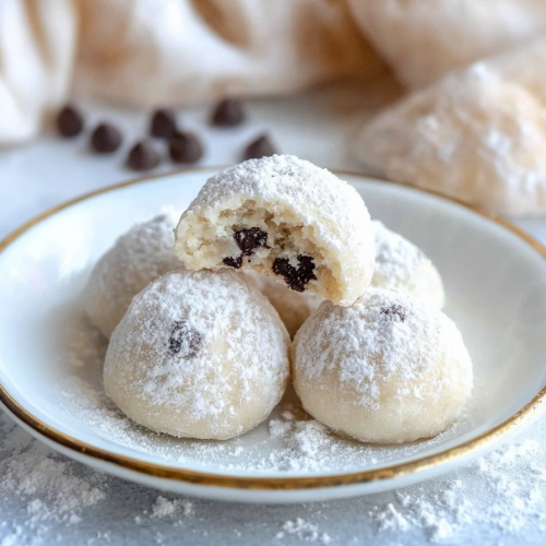 Snowball cookies dusted with sugar, arranged neatly on a plate.