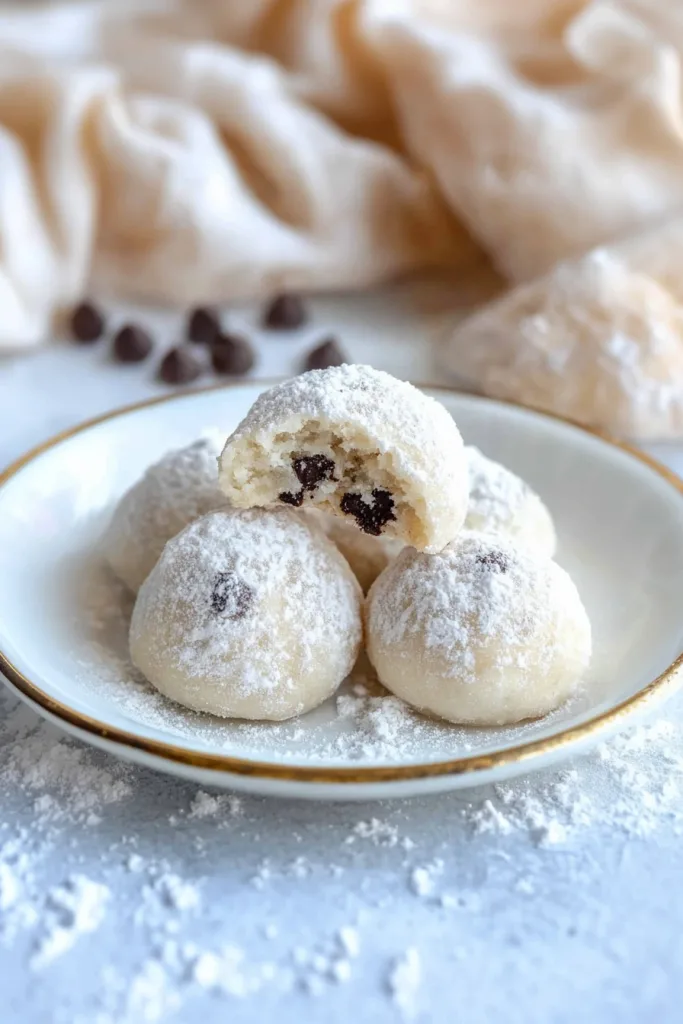 Snowball cookies dusted with sugar, arranged neatly on a plate.