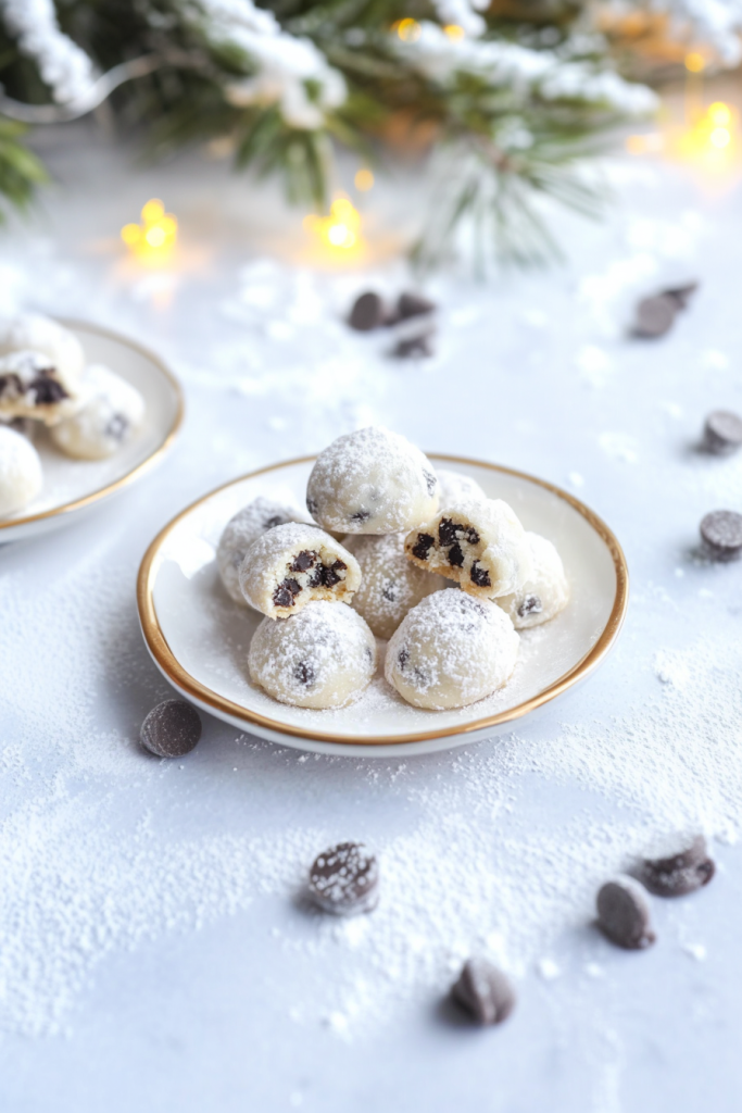 Round cookies coated in powdered sugar on a white plate.