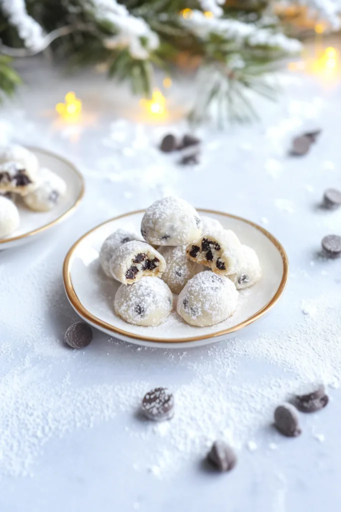 Round cookies coated in powdered sugar on a white plate.