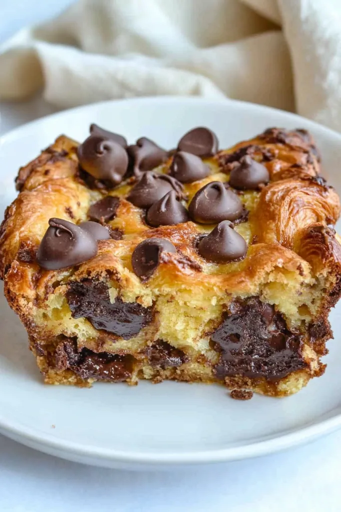 Final presentation of the bake, rich chocolate scattered across the golden crust.
