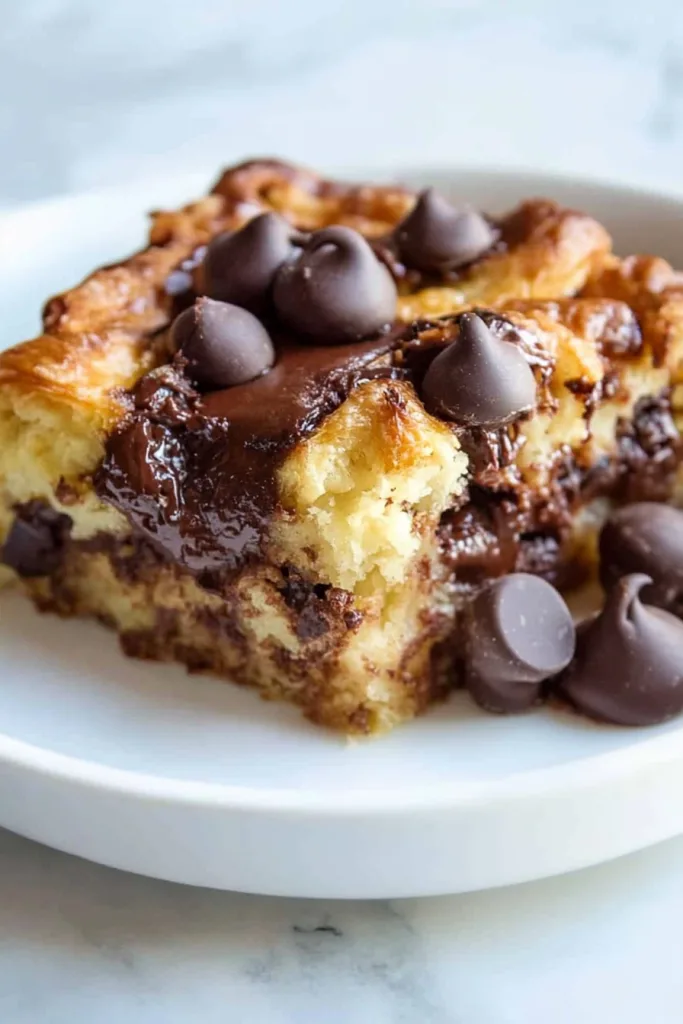 Moist, fluffy croissant layers baked together with melted chocolate, creating a decadent texture.