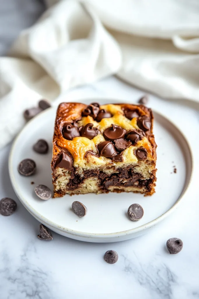 Slice of breakfast bake showing crisp edges and gooey chocolate pockets inside.