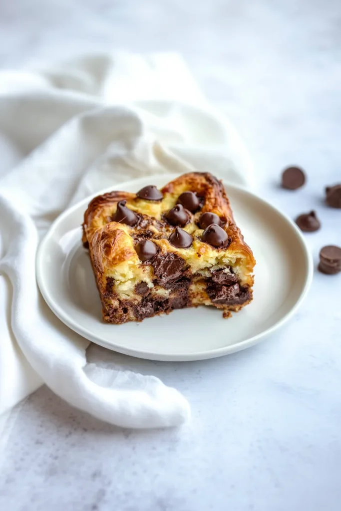 Golden-brown baked croissant pieces layered with melted chocolate, served warm on a white plate.