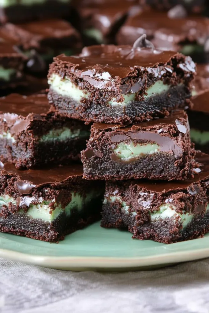 Closeโup of fudgy brownies sliced to reveal green mint filling.