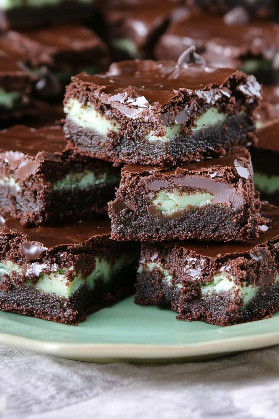Closeโup of fudgy brownies sliced to reveal green mint filling.