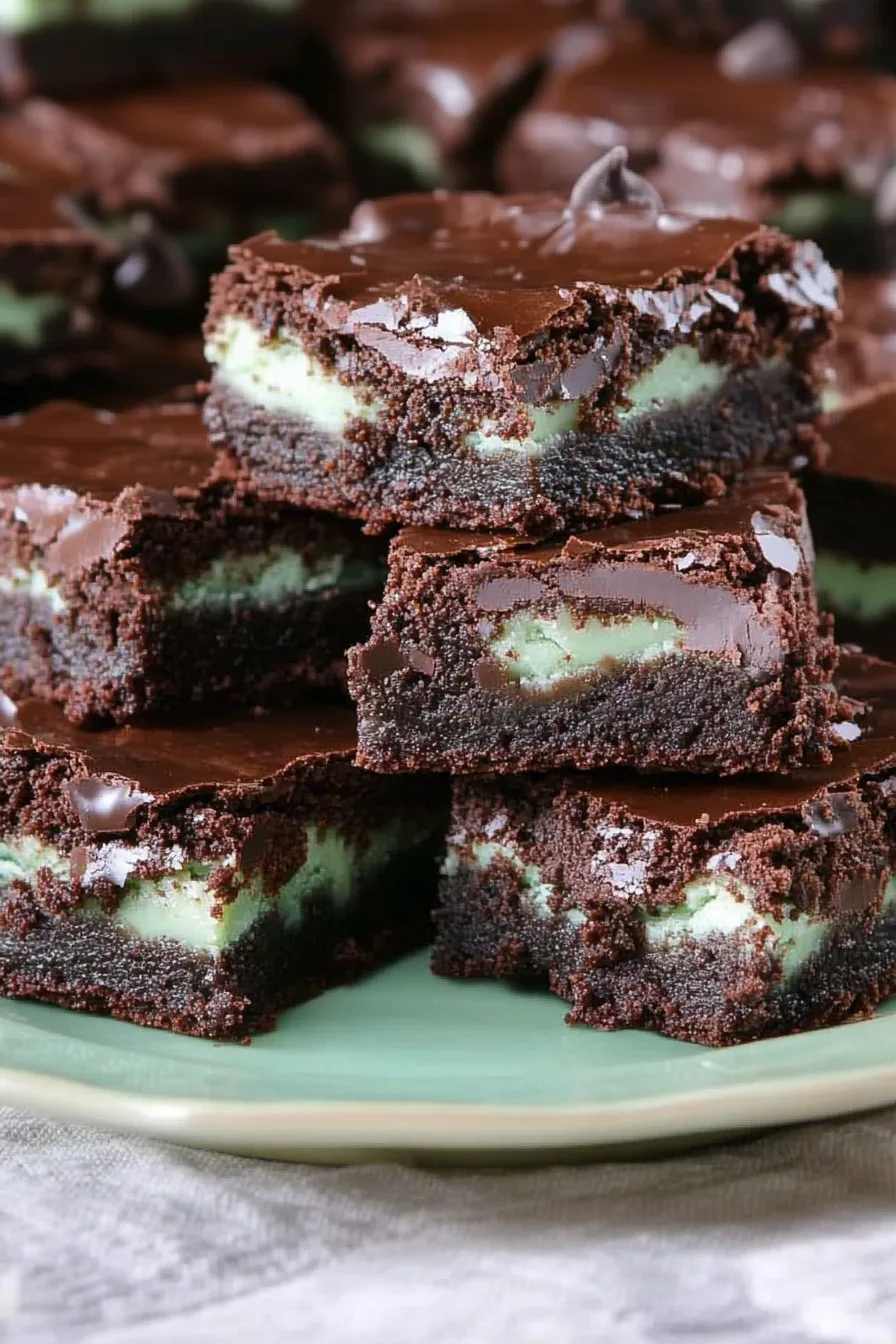 Close‑up of fudgy brownies sliced to reveal green mint filling.