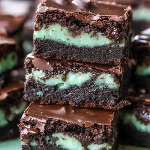 Rich chocolate dessert with creamy mint center highlighted in the cut pieces.