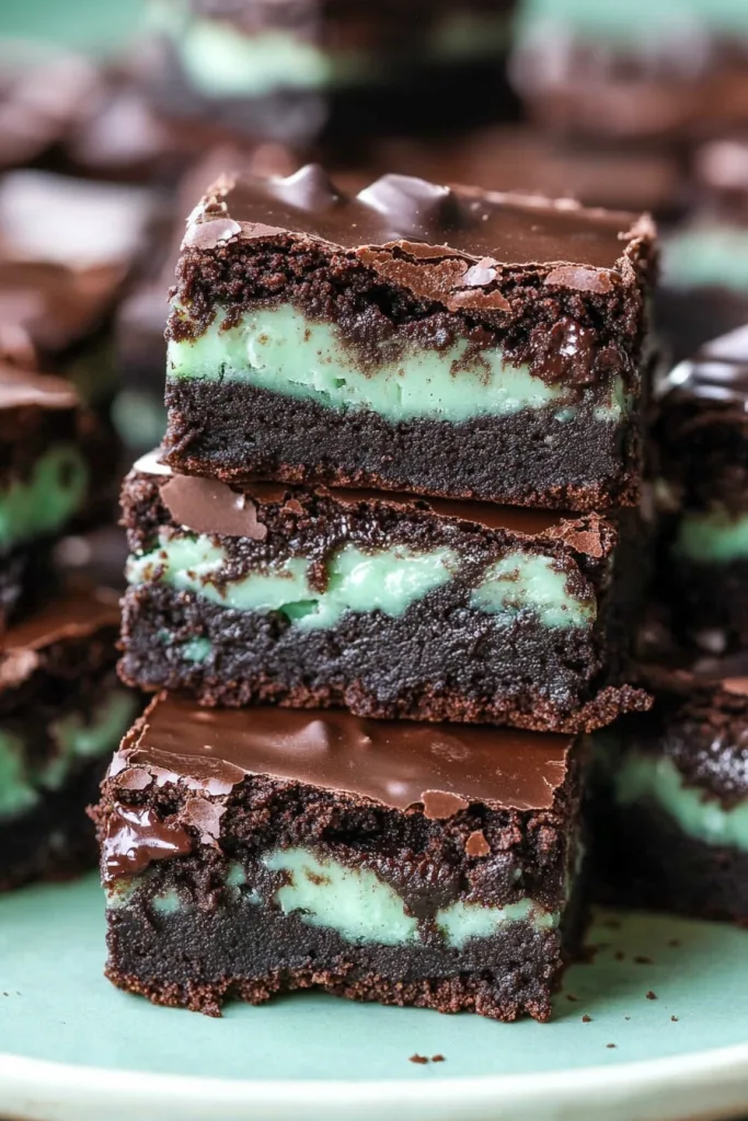Rich chocolate dessert with creamy mint center highlighted in the cut pieces.