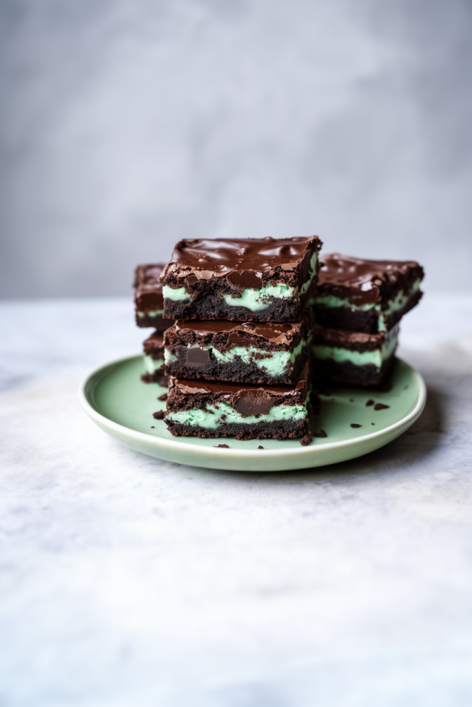 Stacked brownies with glossy chocolate top and mint layer showing.
