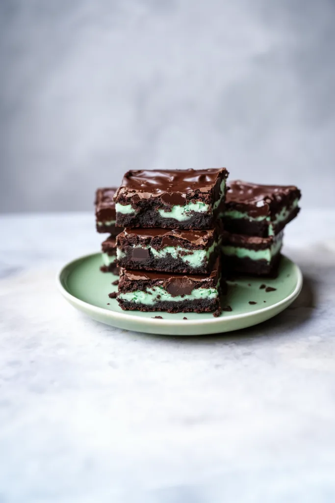 Stacked brownies with glossy chocolate top and mint layer showing.