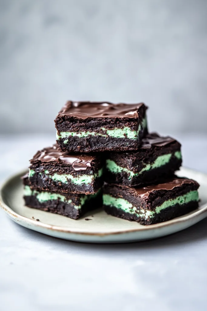 Brownie squares arranged neatly on a plate with shiny chocolate glaze.