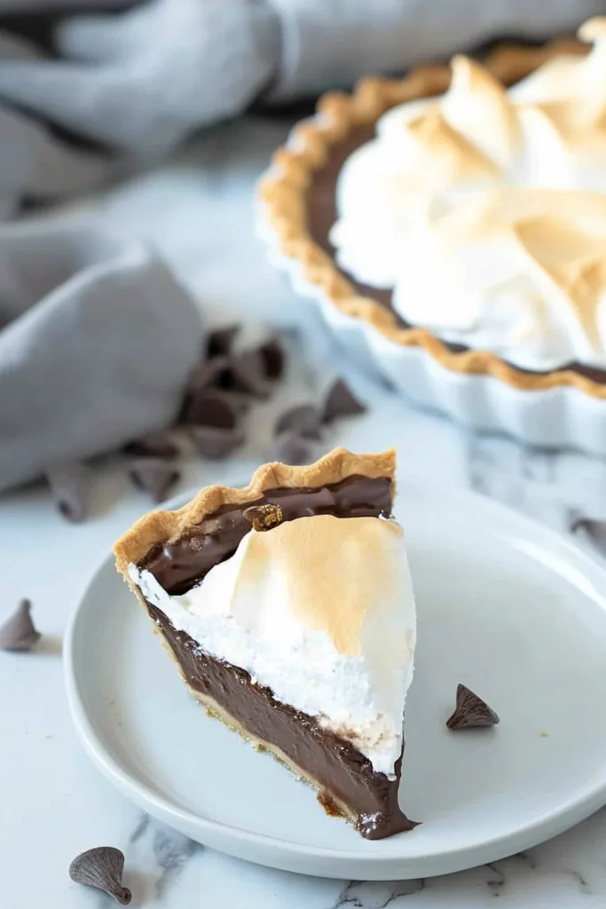 Homemade dessert slice with a crisp pastry base and lightly browned meringue.