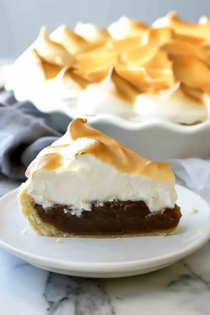 Slice of rich chocolate-filled pie topped with toasted meringue on a white plate.