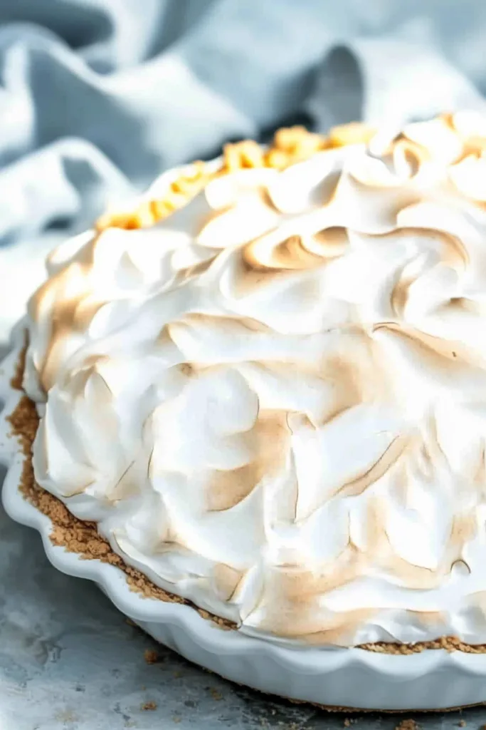 Close-up of a baked pie featuring fluffy toasted peaks and a smooth filling.
