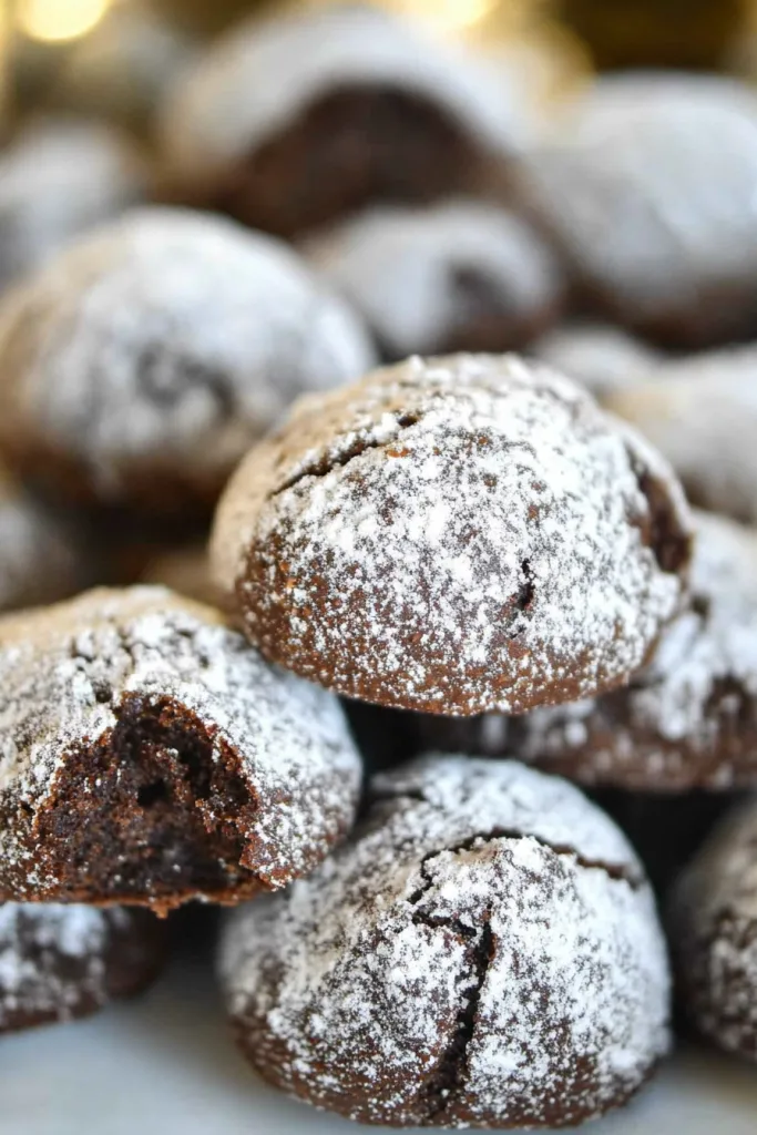 Round chocolate cookies coated in powdered sugar with cracked surfaces