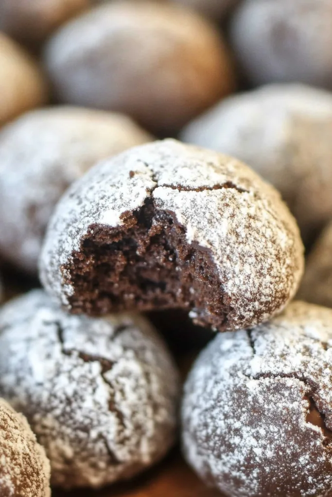 Stack of chocolate cookies dusted in sugar, festive and inviting