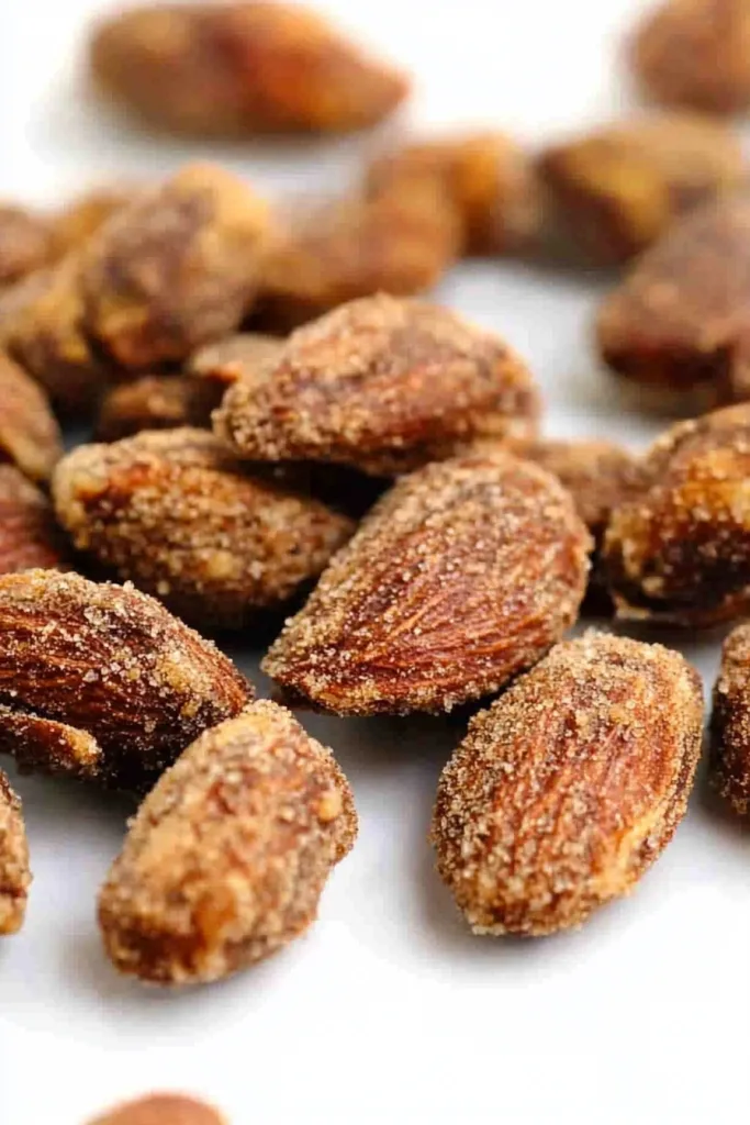 Close-up of crunchy almonds showing textured sugar or spice coating.