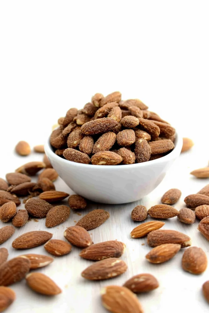 White bowl filled with roasted almonds coated in a fine seasoning.