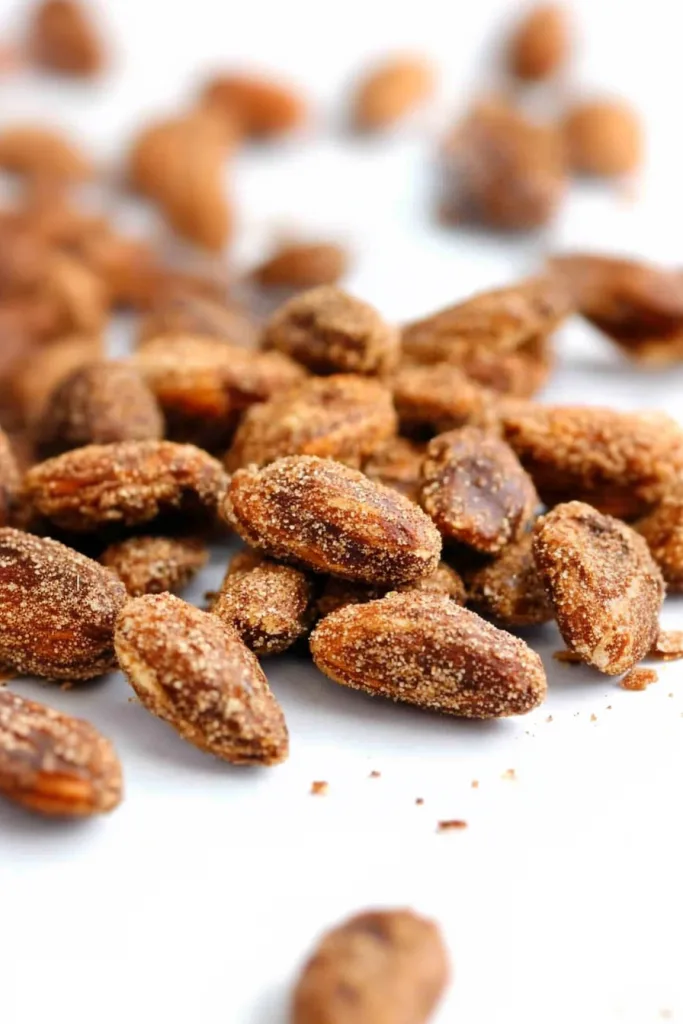 Golden brown almonds scattered on a white surface, highlighting their rich color.