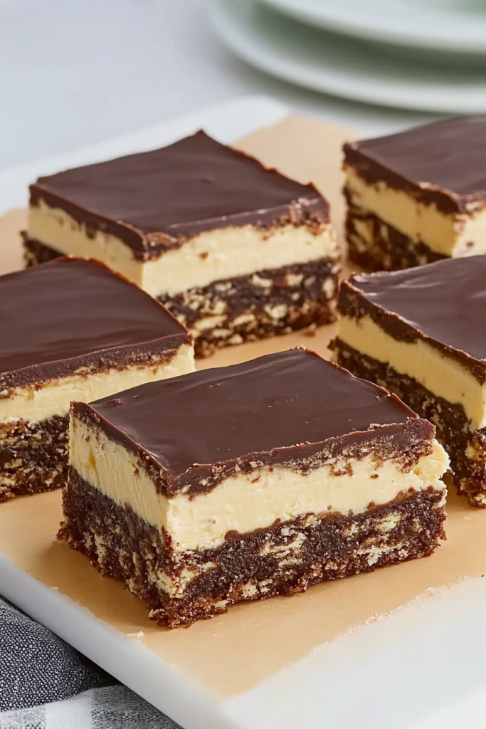 Close-up of stacked squares highlighting the smooth custard layer against the rich chocolate topping.