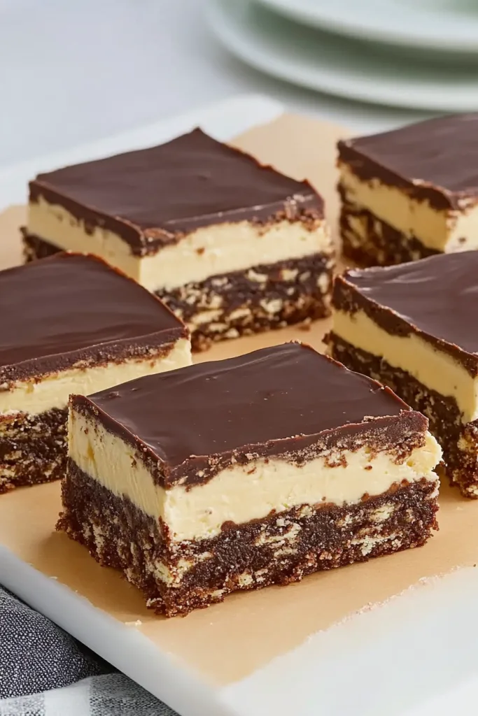 Close-up of stacked squares highlighting the smooth custard layer against the rich chocolate topping.