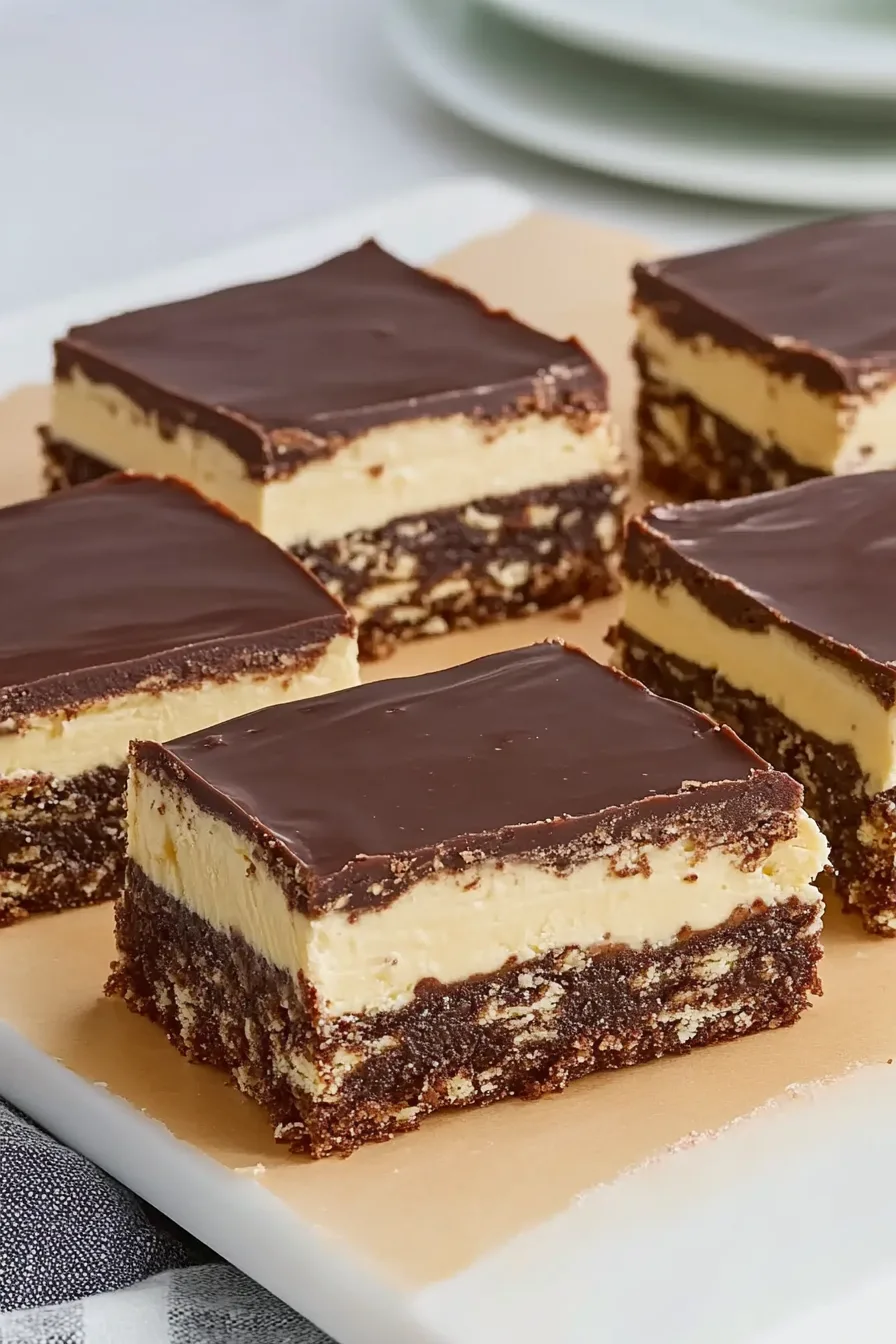 Close-up of stacked squares highlighting the smooth custard layer against the rich chocolate topping.