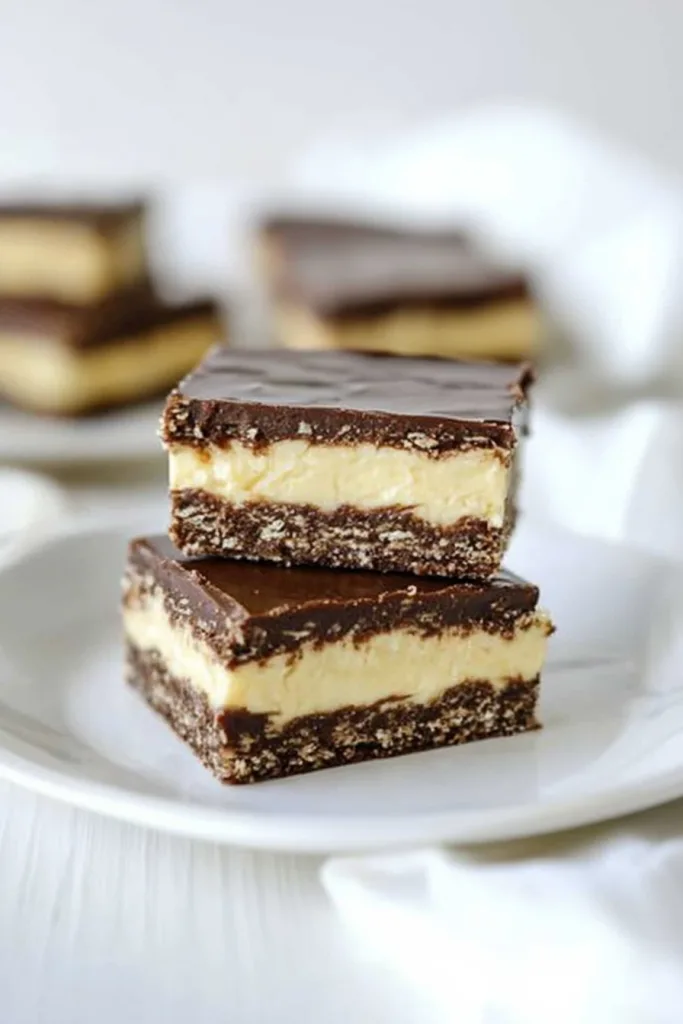 Neatly cut dessert bars showing three distinct layers: chocolate base, creamy custard center, and glossy chocolate top.