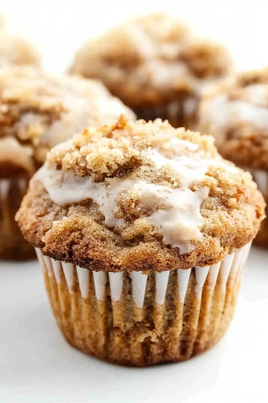 Single muffin in focus with golden crumb and sweet topping, surrounded by others slightly out of focus.