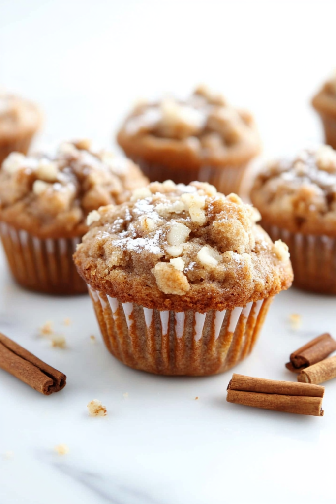 Warm muffin highlighting contrast between soft interior and crisp streusel topping.