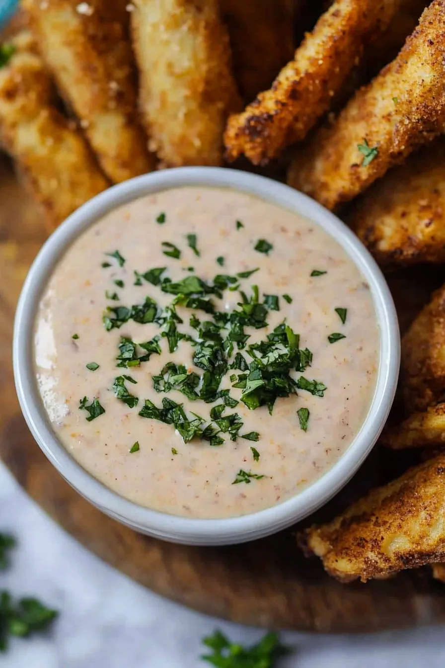 A bowl of creamy dipping sauce topped with fresh herbs, surrounded by crispy golden fried bites.