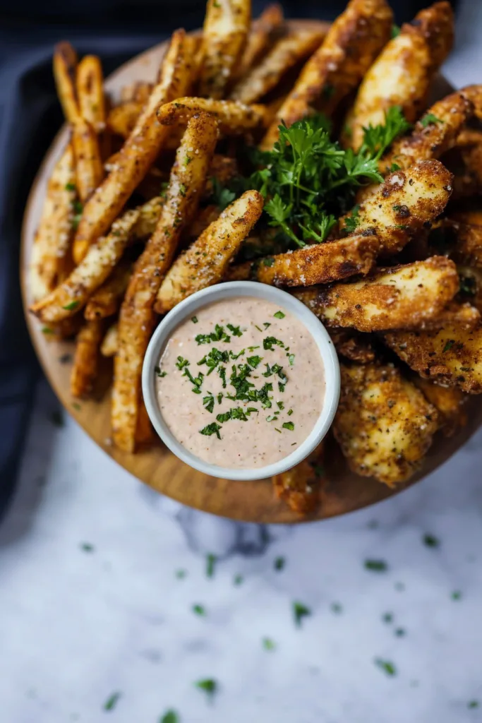 Golden fried appetizers arranged around a bowl of herb-garnished dipping sauce.