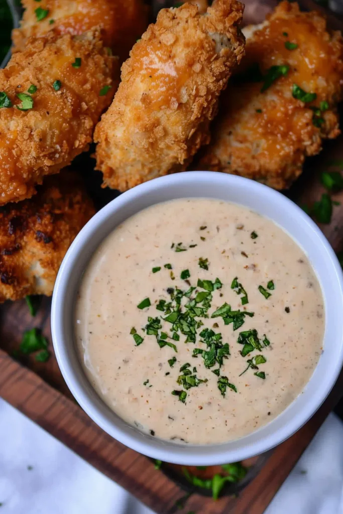 Copycat Popeye’s blackened ranch served with crispy sides, showcasing rich texture and flavor.