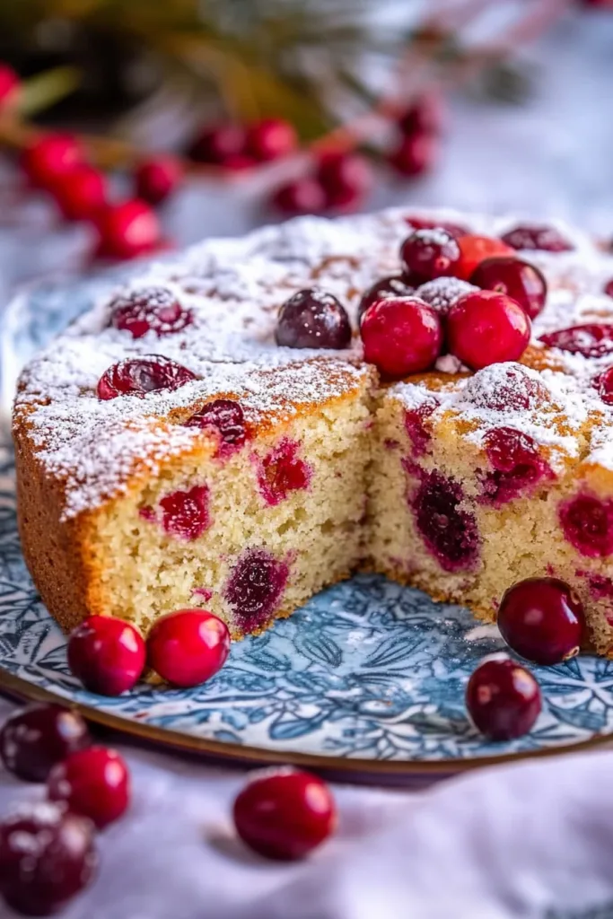 Festive dessert with cranberries scattered around and holiday greenery in the background