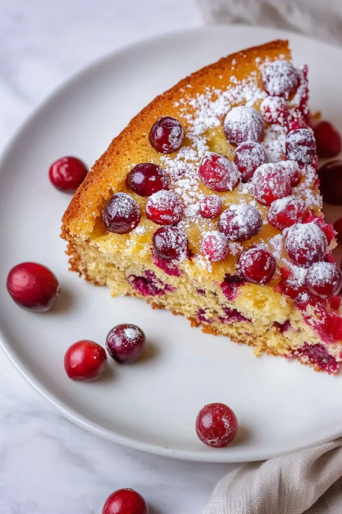 Closeโup of golden cake surface dotted with cranberries and light sugar topping