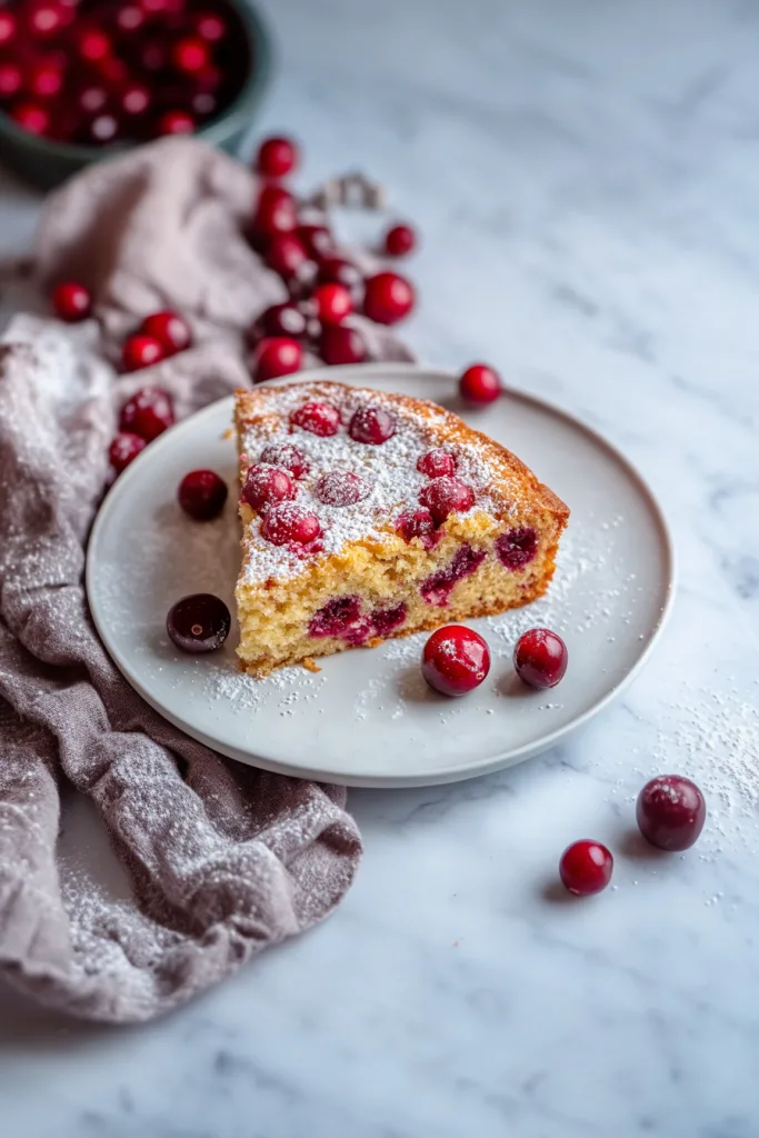 Overhead view of sliced cranberry cake highlighting texture and vibrant red fruit inside