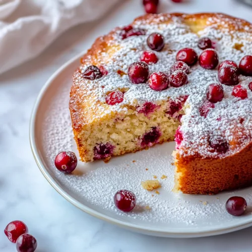 Round cranberry cake with a slice removed, showing moist interior and berries