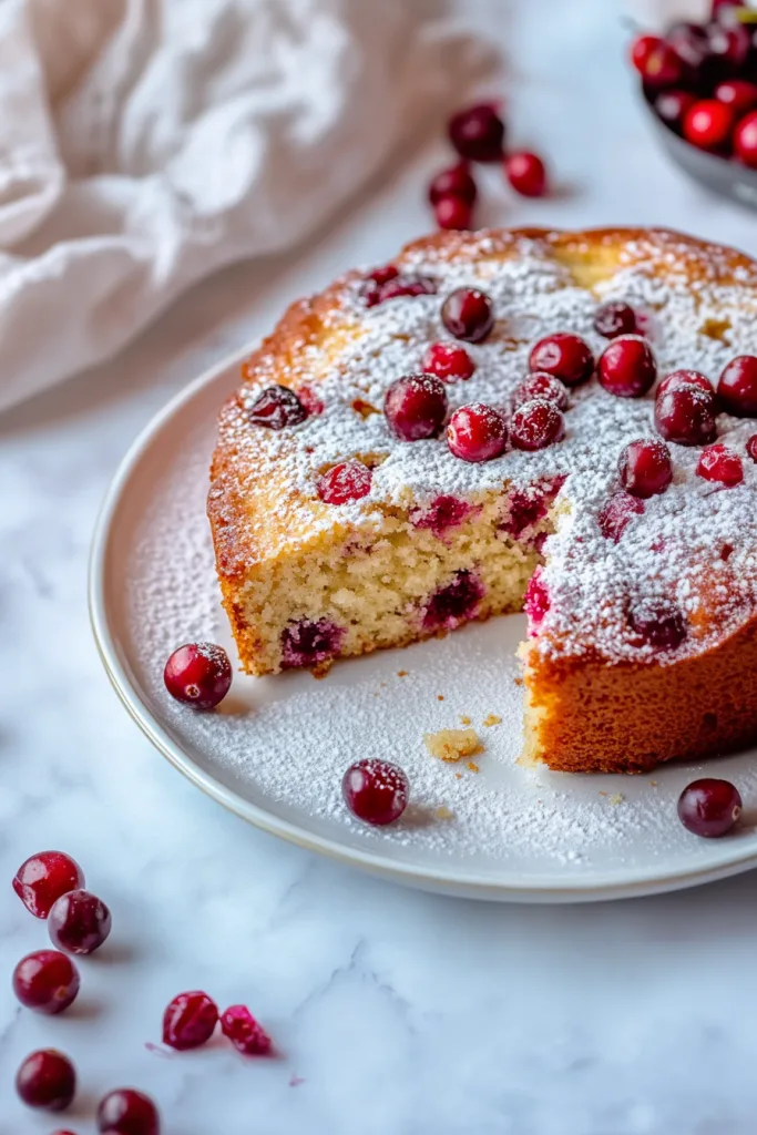 Round cranberry cake with a slice removed, showing moist interior and berries