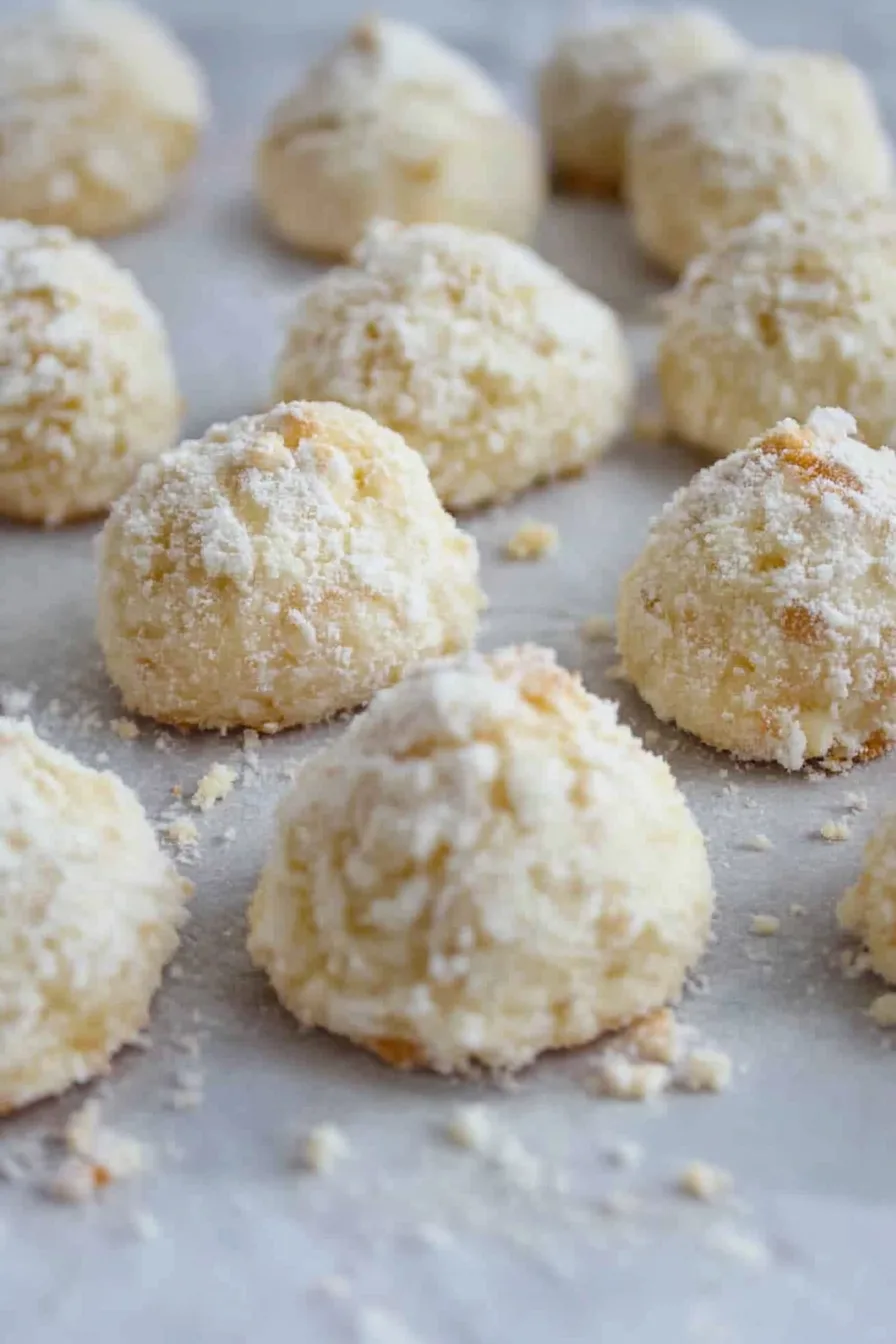Round cookies dusted generously with powdered sugar on parchment.