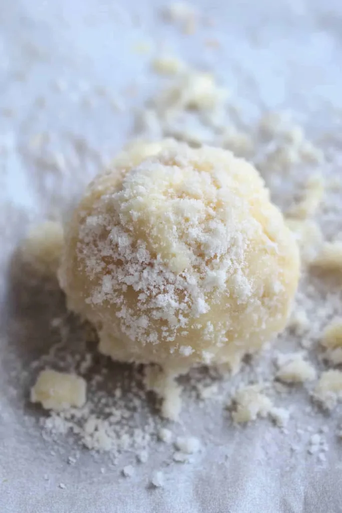 Closeโup of crumbly snowball cookie showing its tender texture.