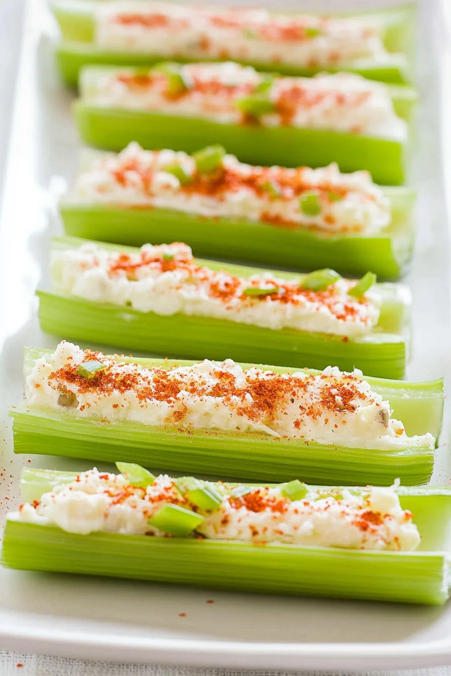 Fresh celery stuffed with smooth filling, topped with chopped green onions.