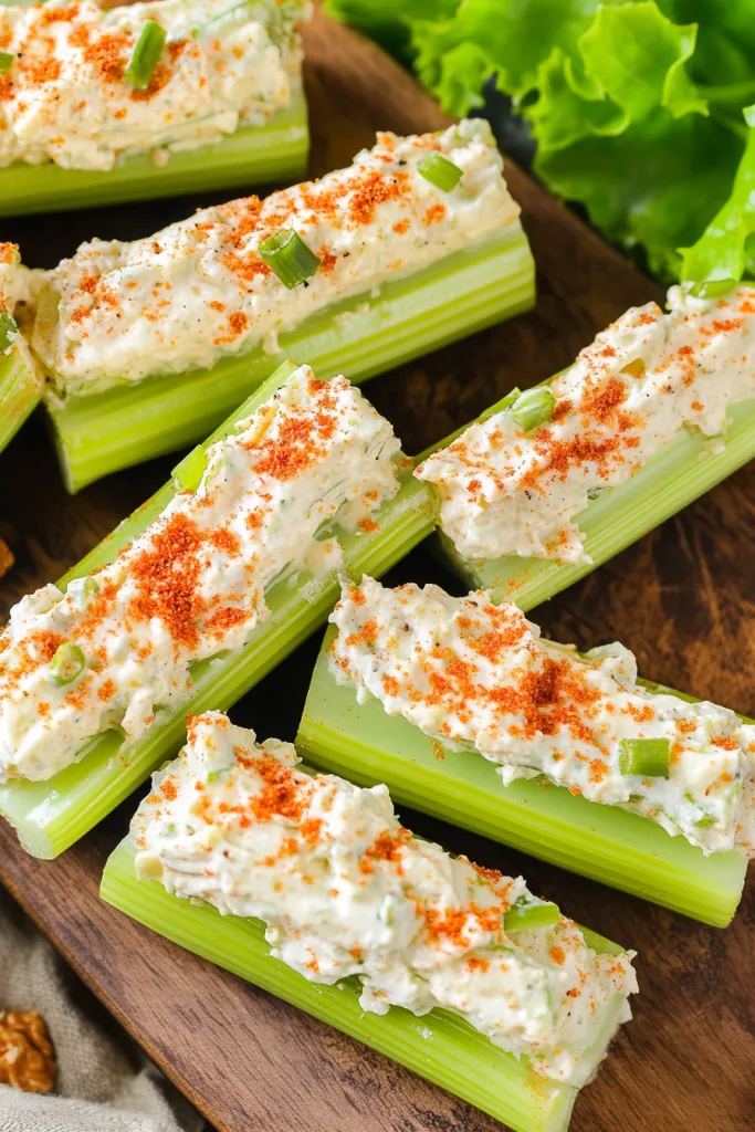 Celery sticks filled with creamy cheese spread and sprinkled with paprika.