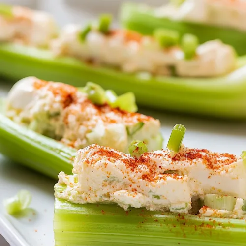 Appetizer plate of crisp celery paired with savory cream cheese mixture.