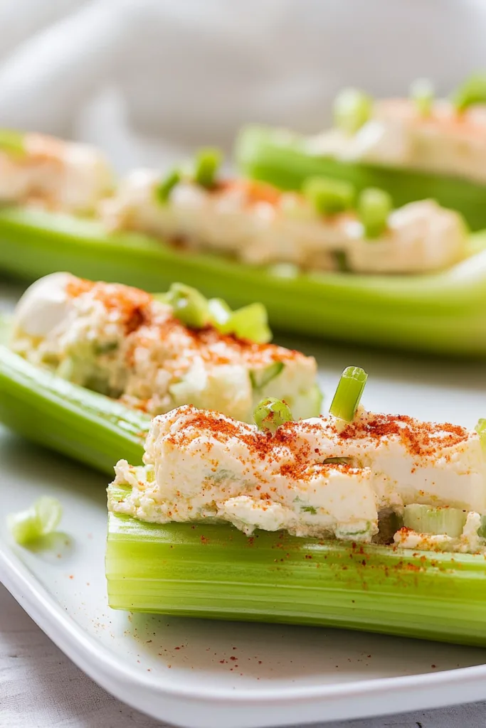 Appetizer plate of crisp celery paired with savory cream cheese mixture.