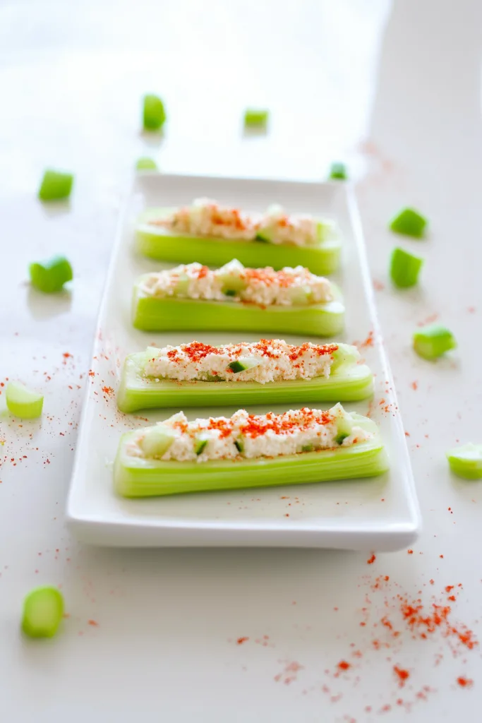 Cream Cheese Stuffed Celery arranged neatly on a white plate for serving.